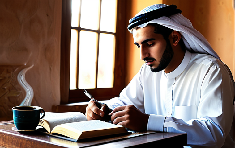 효율적으로 복습하기 위한 일정 설계법 - **Prompt 1: The Serene Dawn of Focus**
An Arab male student, in his early twenties, sitting at a...