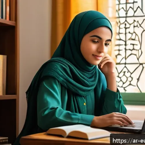 최적의 학습 루틴 구성하기 - A modern, cozy study corner in a typical Arabic home, featuring a young Arab student wearing modest,...